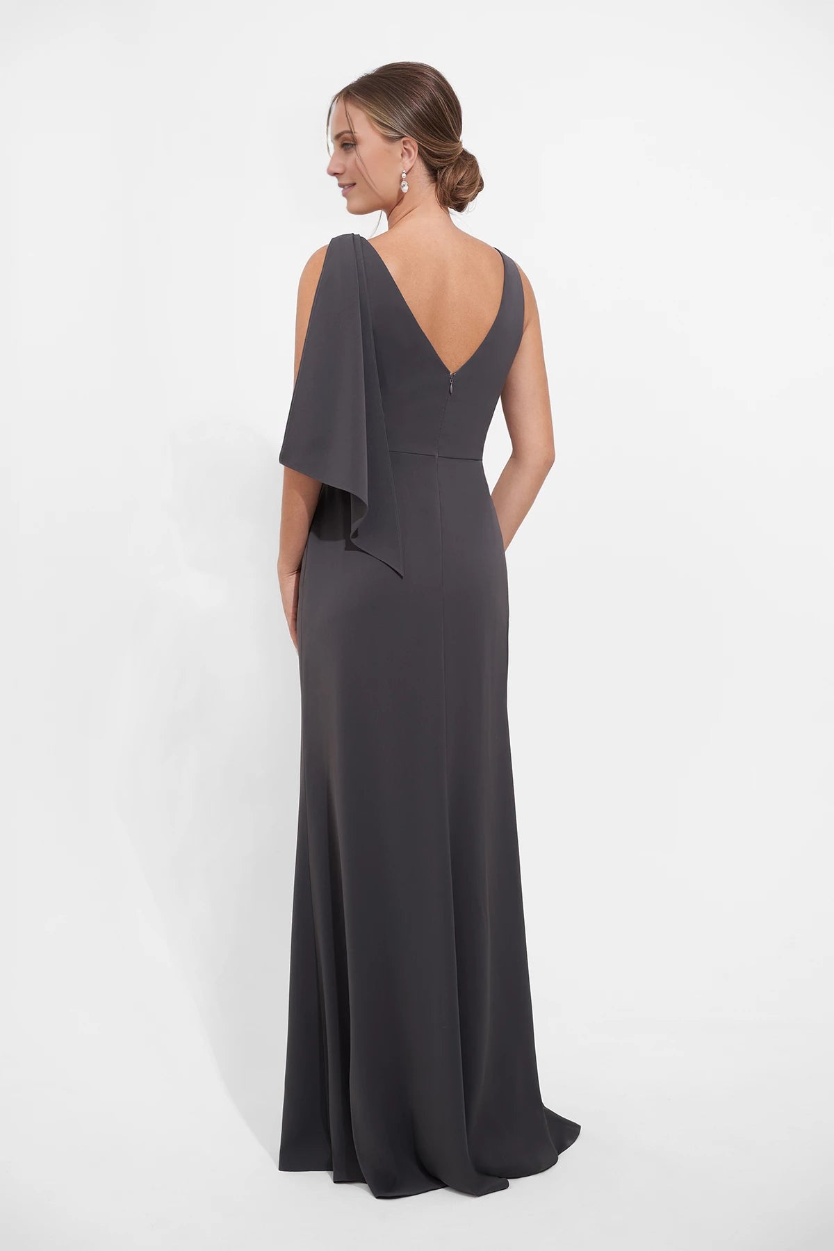 Graceful Royal Crepe Fit and Flare Gown with Boat Neckline and Beaded Soft Gathers Mother of the Bride Dresses