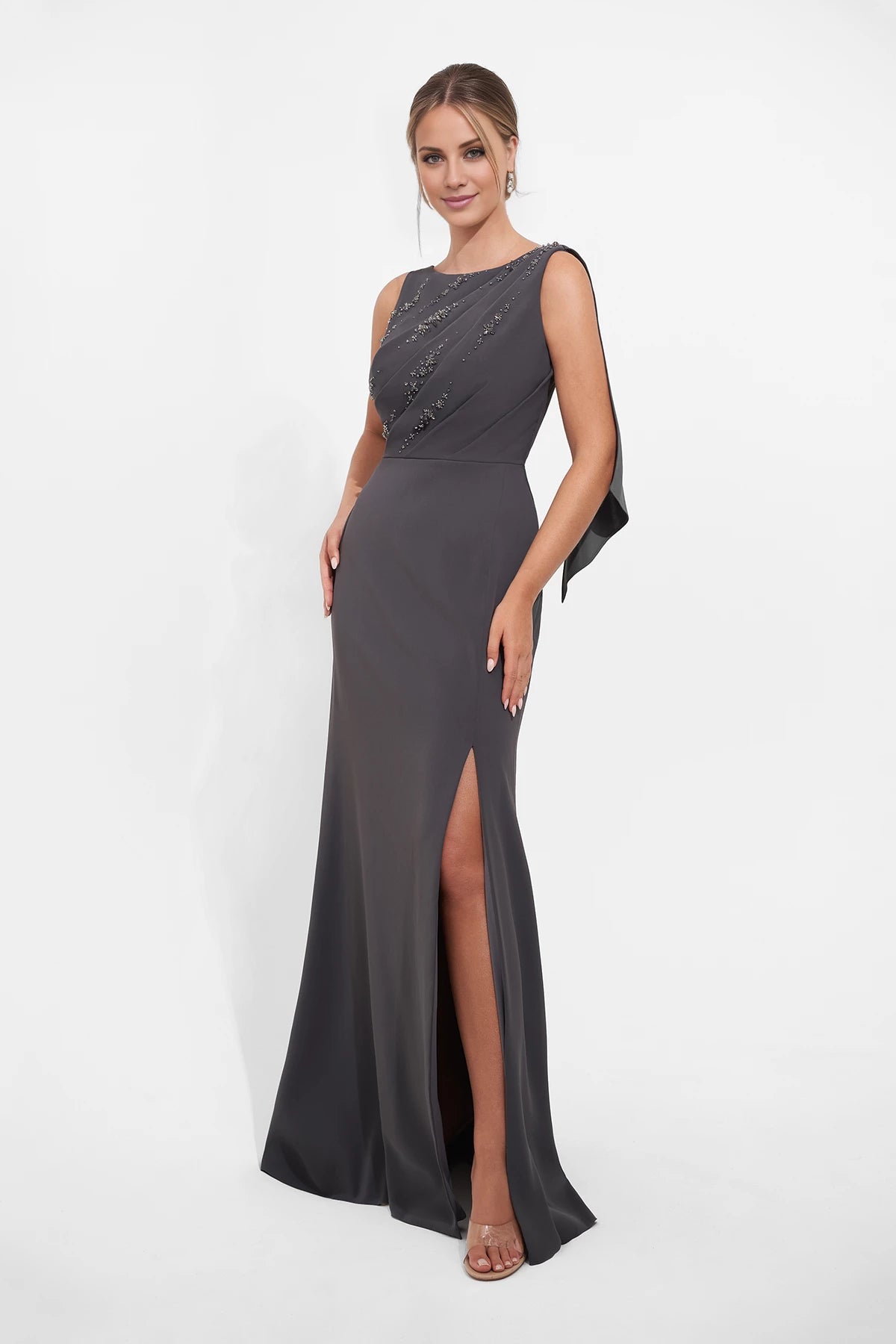 Graceful Royal Crepe Fit and Flare Gown with Boat Neckline and Beaded Soft Gathers Mother of the Bride Dresses