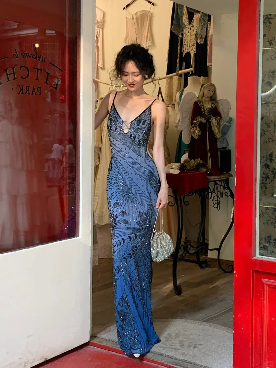 Gradient Blue Art Deco Sequin Beaded Mesh Gown