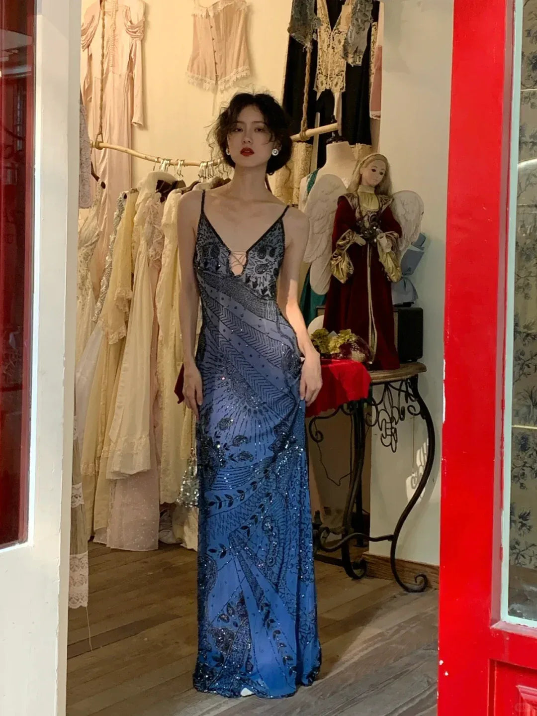 Gradient Blue Art Deco Sequin Beaded Mesh Gown