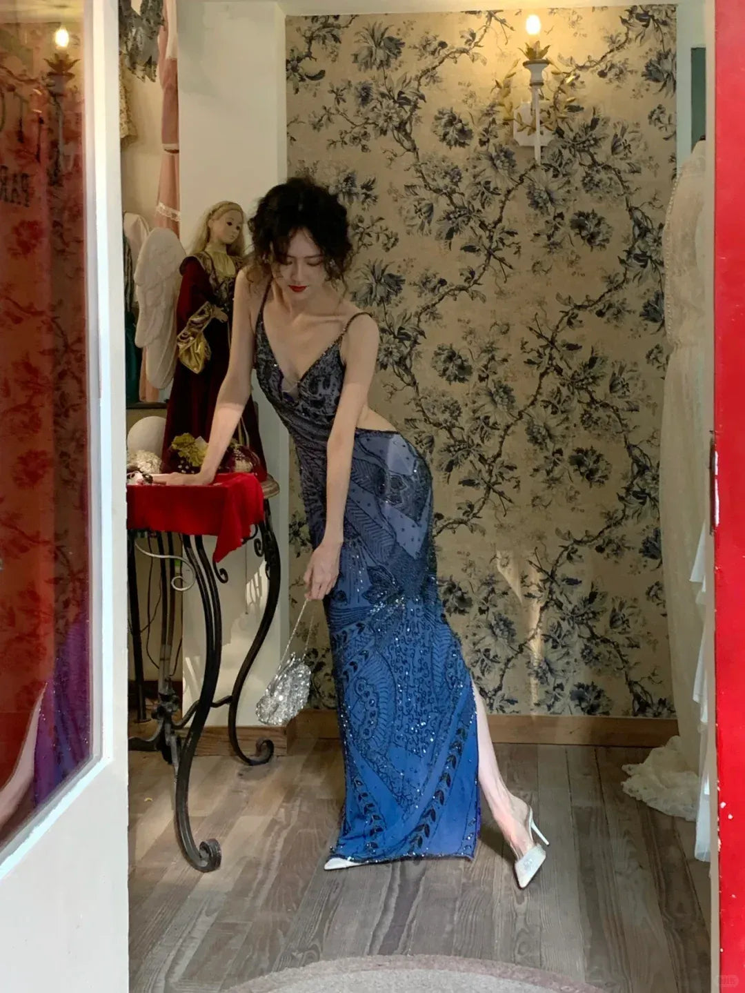 Gradient Blue Art Deco Sequin Beaded Mesh Gown