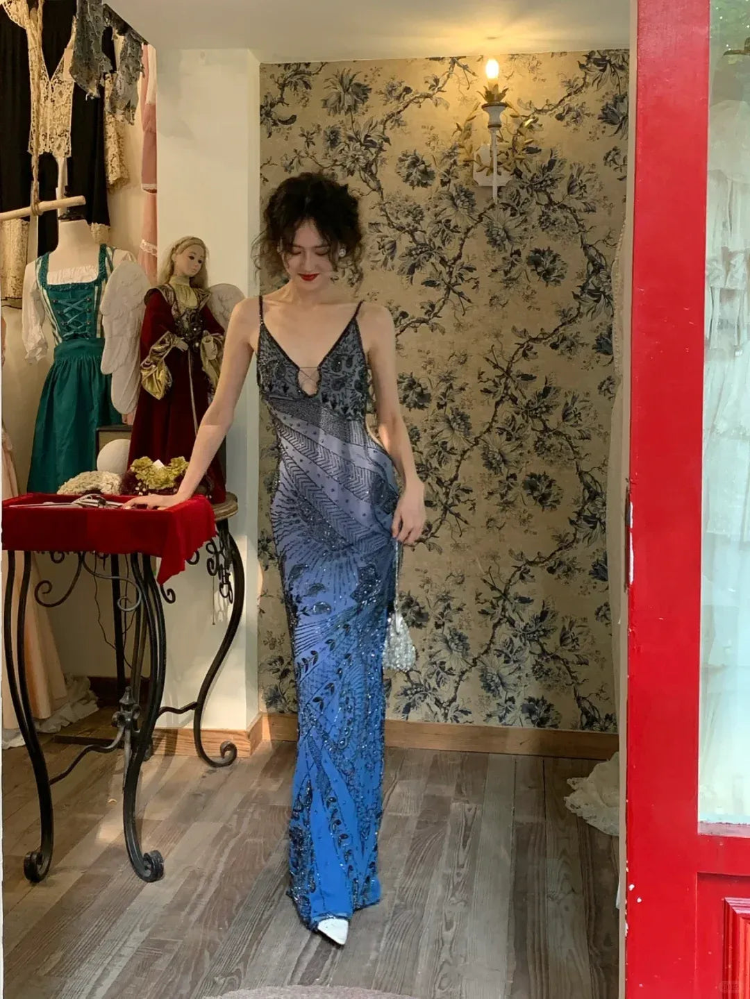 Gradient Blue Art Deco Sequin Beaded Mesh Gown