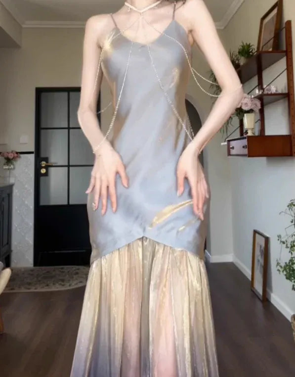 Gray Gold Ombre Satin Tulle Overlay Maxi Dress
