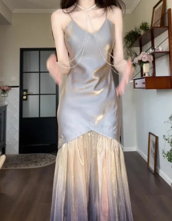 Gray Gold Ombre Satin Tulle Overlay Maxi Dress