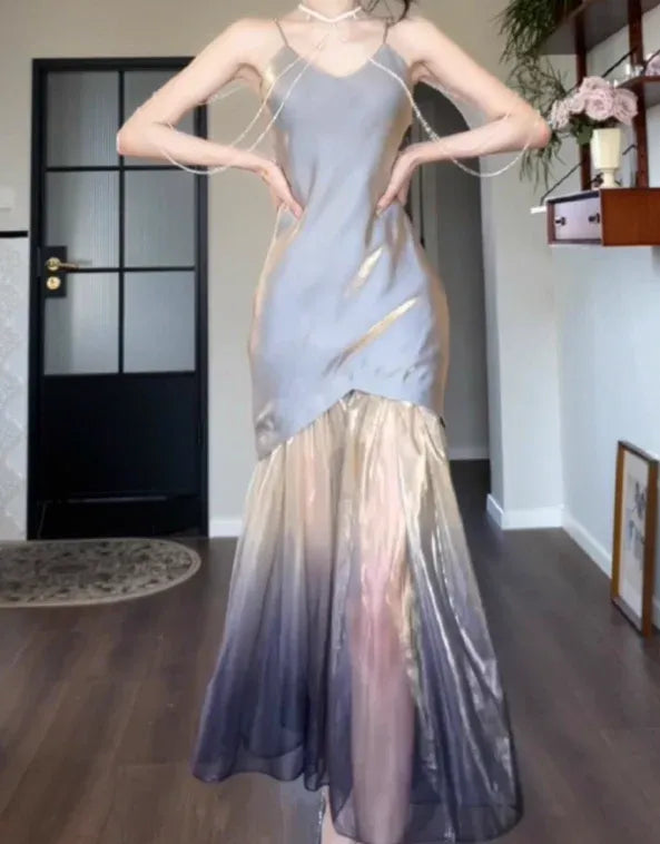 Gray Gold Ombre Satin Tulle Overlay Maxi Dress