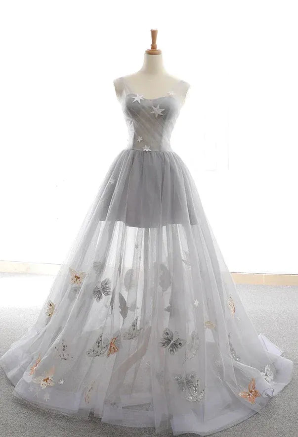 Gray Illusion Neck Star & Butterfly Embroidered Tulle A-Line Ball Gown
