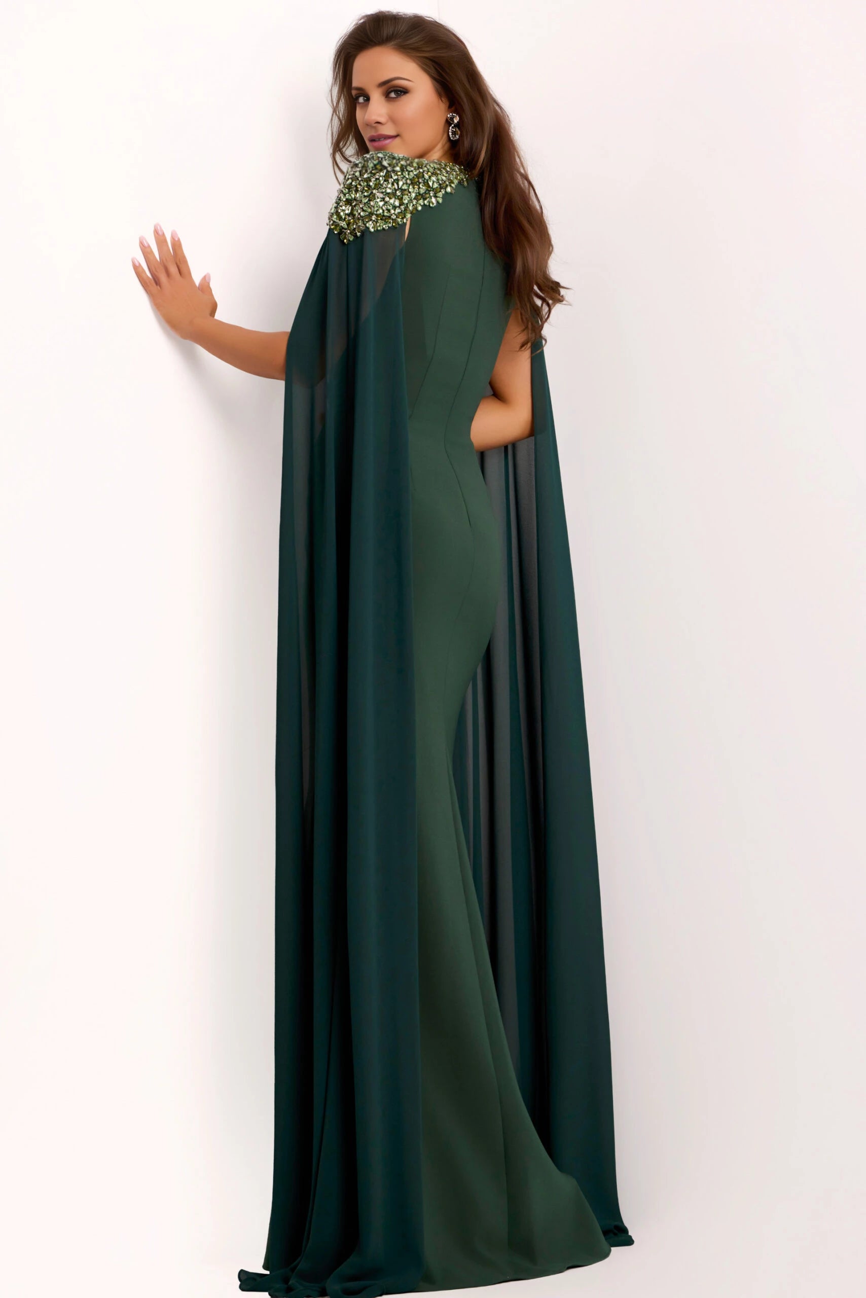 Green Cape Gown with Embellished Shoulders Evening Dresses