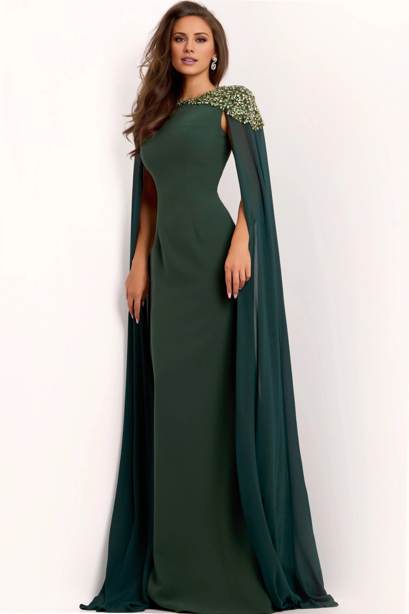 Green Cape Gown with Embellished Shoulders Evening Dresses
