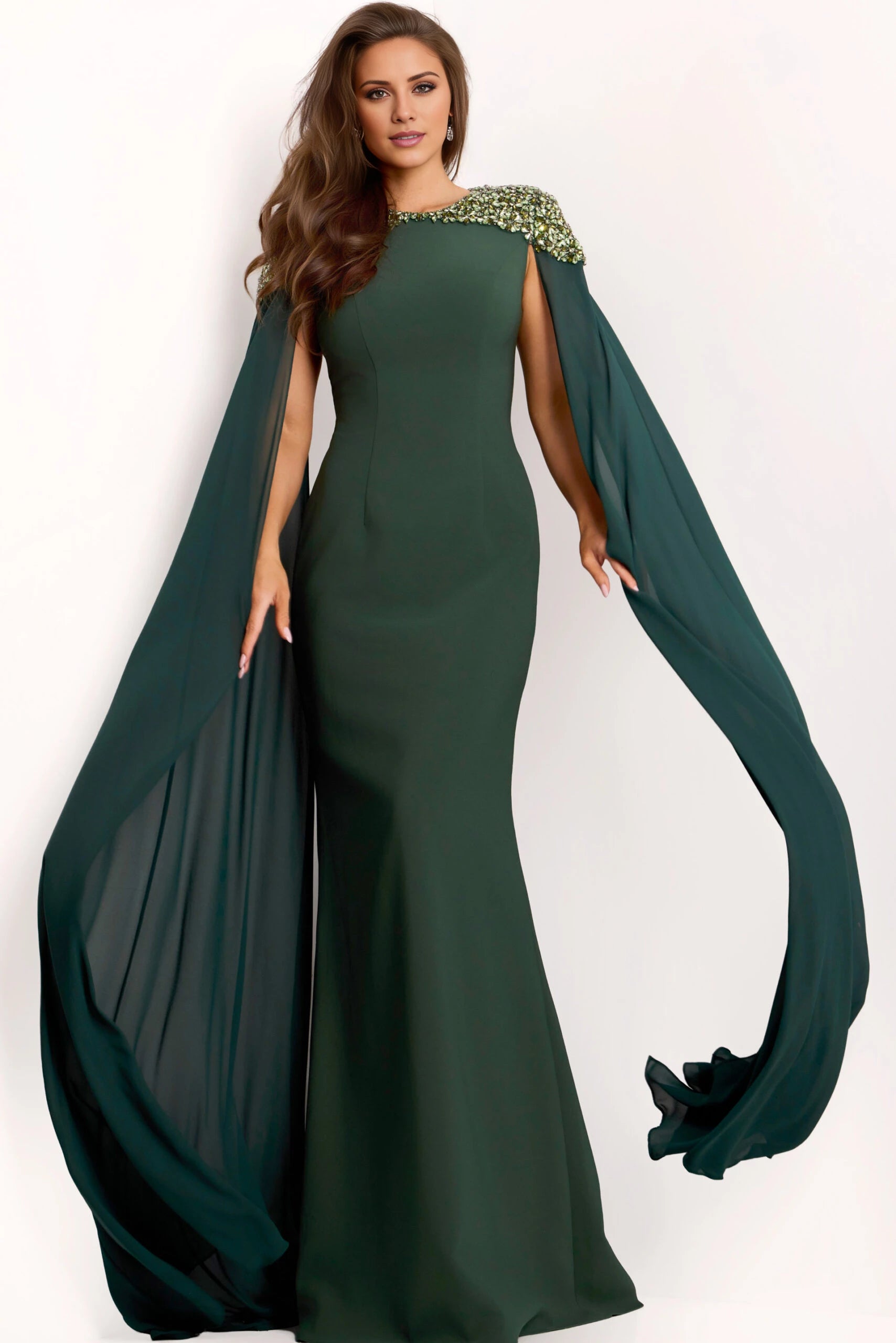 Green Cape Gown with Embellished Shoulders Evening Dresses