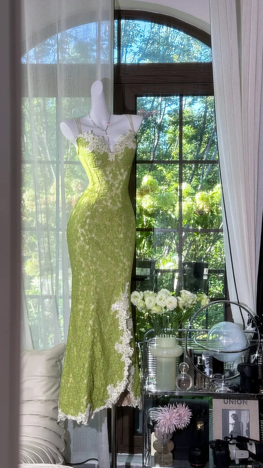 Green Lace Mermaid Midi Gown – Crisscross Back White Lace Trim Dress