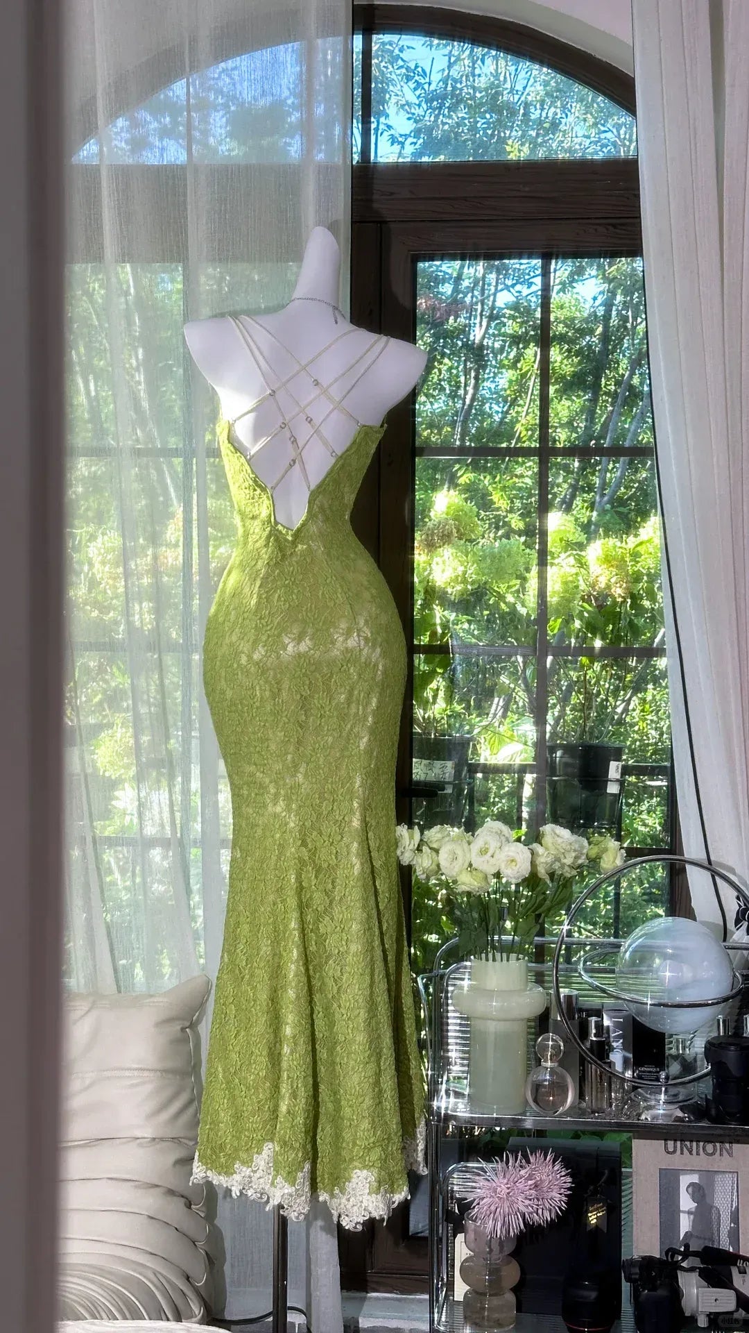Green Lace Mermaid Midi Gown – Crisscross Back White Lace Trim Dress