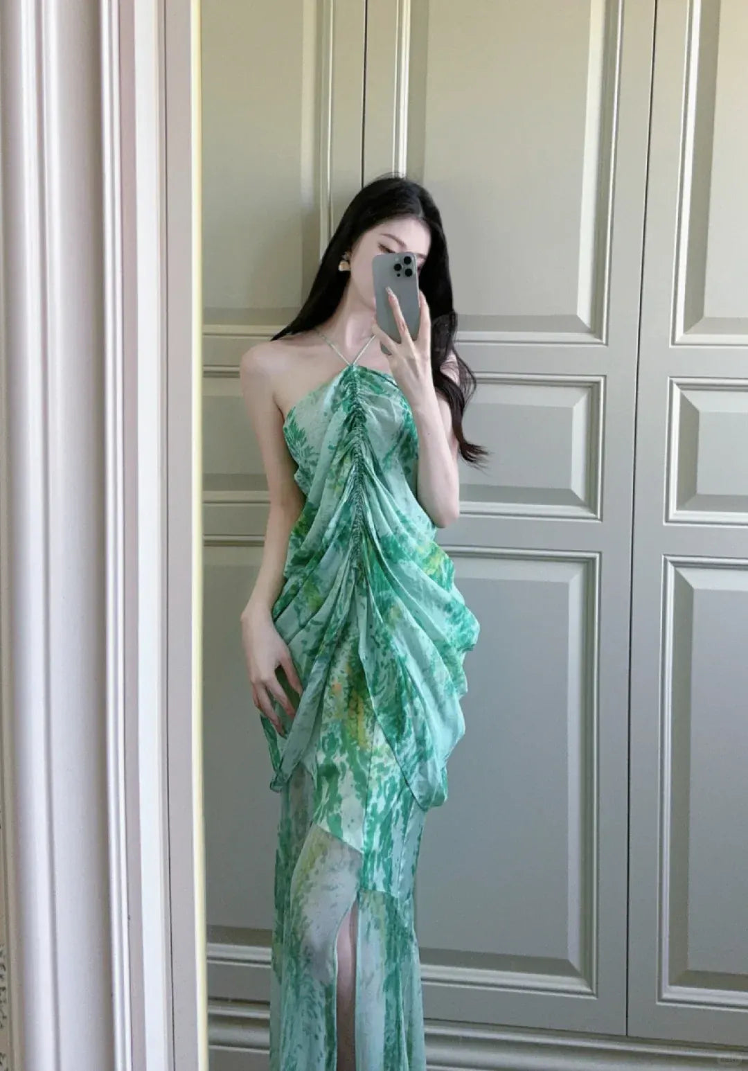 Green Tie-Dye Chiffon Halter Maxi Dress with Slit