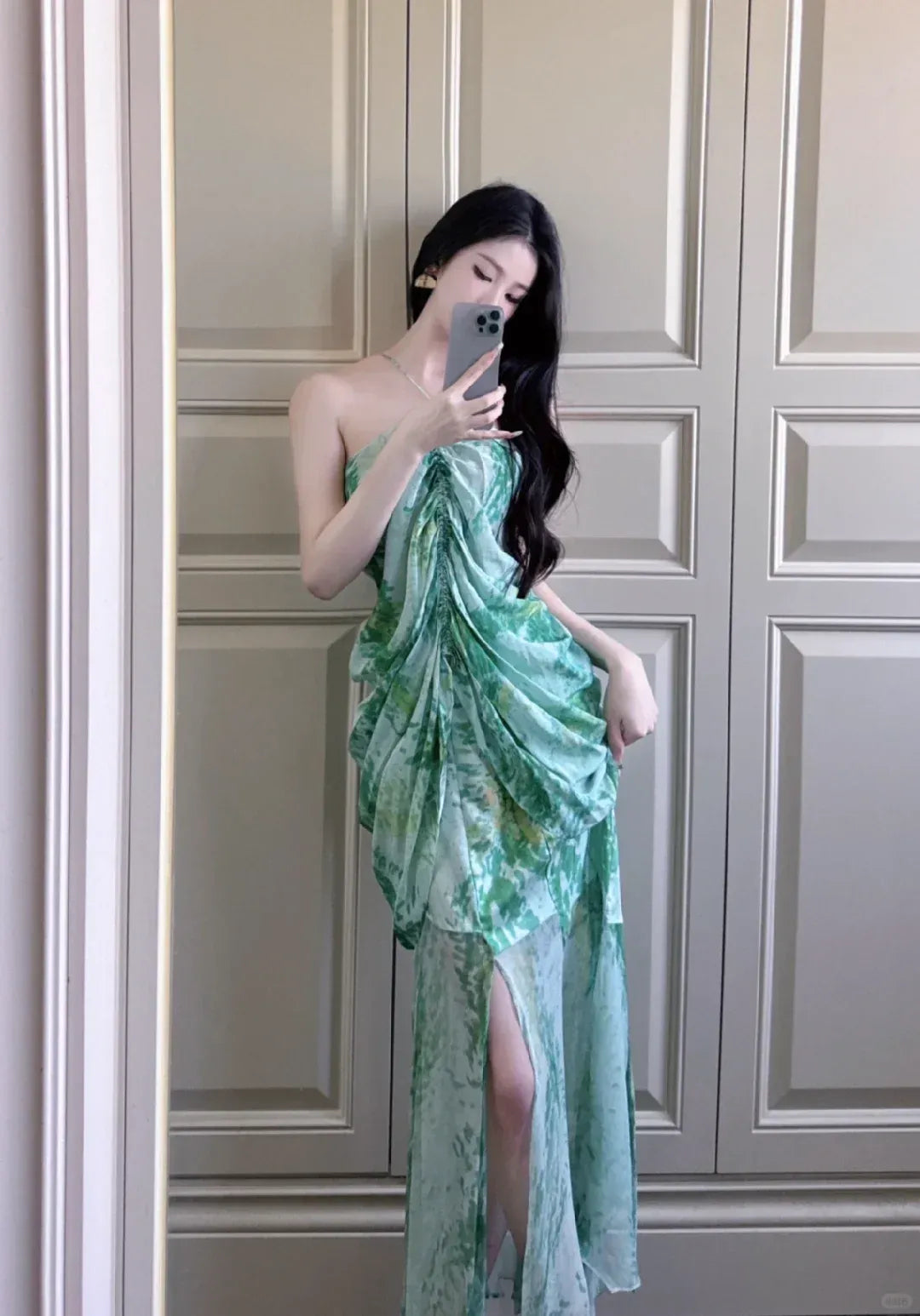 Green Tie-Dye Chiffon Halter Maxi Dress with Slit