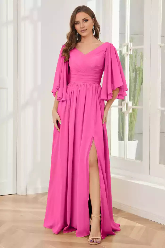 Half Sleeves Lace-up Back Split Fork Bridesmaid Dresses