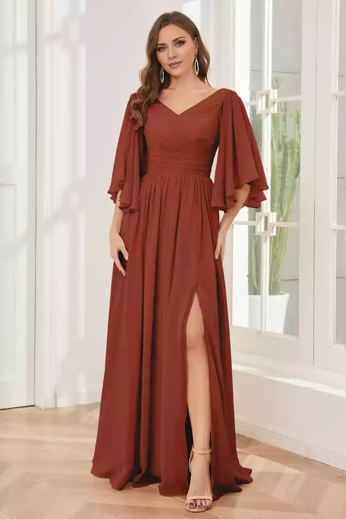 Half Sleeves Lace-up Back Split Fork Bridesmaid Dresses