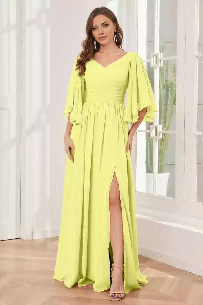 Half Sleeves Lace-up Back Split Fork Bridesmaid Dresses
