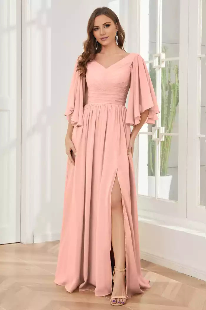 Half Sleeves Lace-up Back Split Fork Bridesmaid Dresses