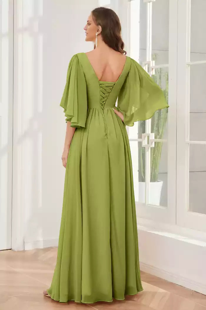 Half Sleeves Lace-up Back Split Fork Bridesmaid Dresses