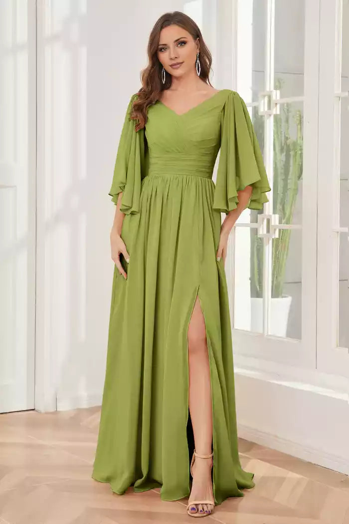 Half Sleeves Lace-up Back Split Fork Bridesmaid Dresses