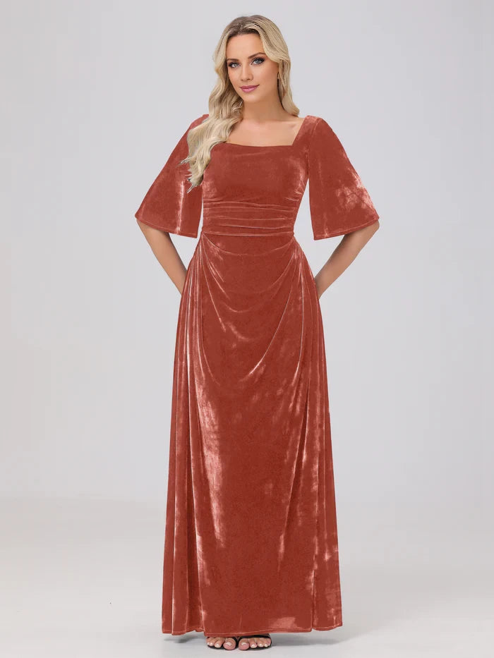 Half Sleeves Square Neck Velvet  Mother of the Bride Dresses