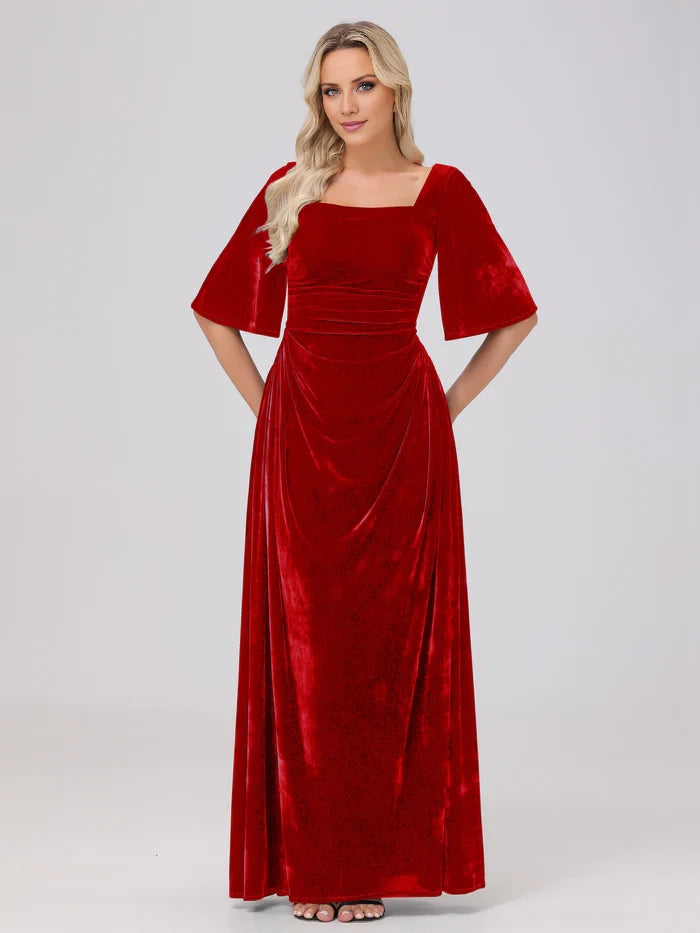 Half Sleeves Square Neck Velvet  Mother of the Bride Dresses