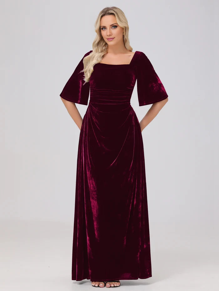 Half Sleeves Square Neck Velvet  Mother of the Bride Dresses