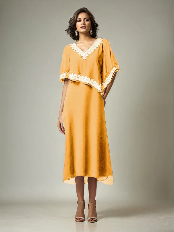 Half Sleeves V-neck Length Embellished Cape Chiffon Mother of the Bride Dresses