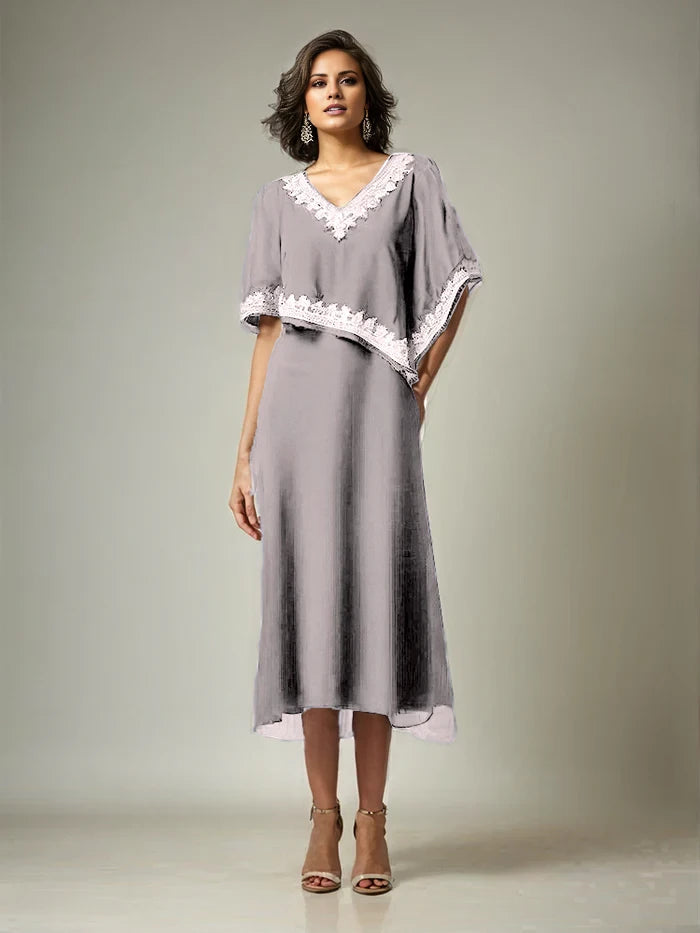 Half Sleeves V-neck Length Embellished Cape Chiffon Mother of the Bride Dresses
