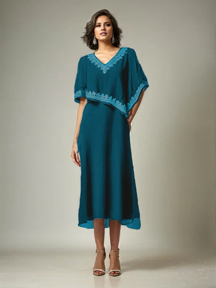 Half Sleeves V-neck Length Embellished Cape Chiffon Mother of the Bride Dresses