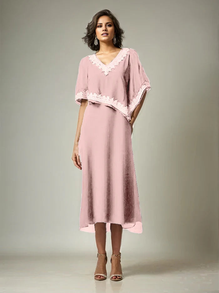 Half Sleeves V-neck Length Embellished Cape Chiffon Mother of the Bride Dresses