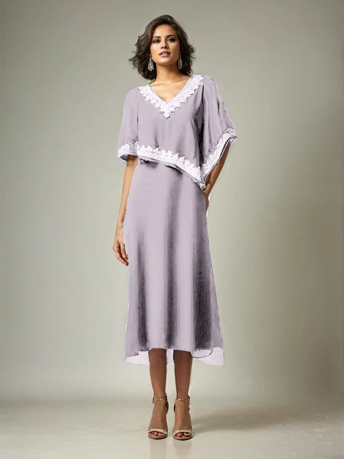 Half Sleeves V-neck Length Embellished Cape Chiffon Mother of the Bride Dresses