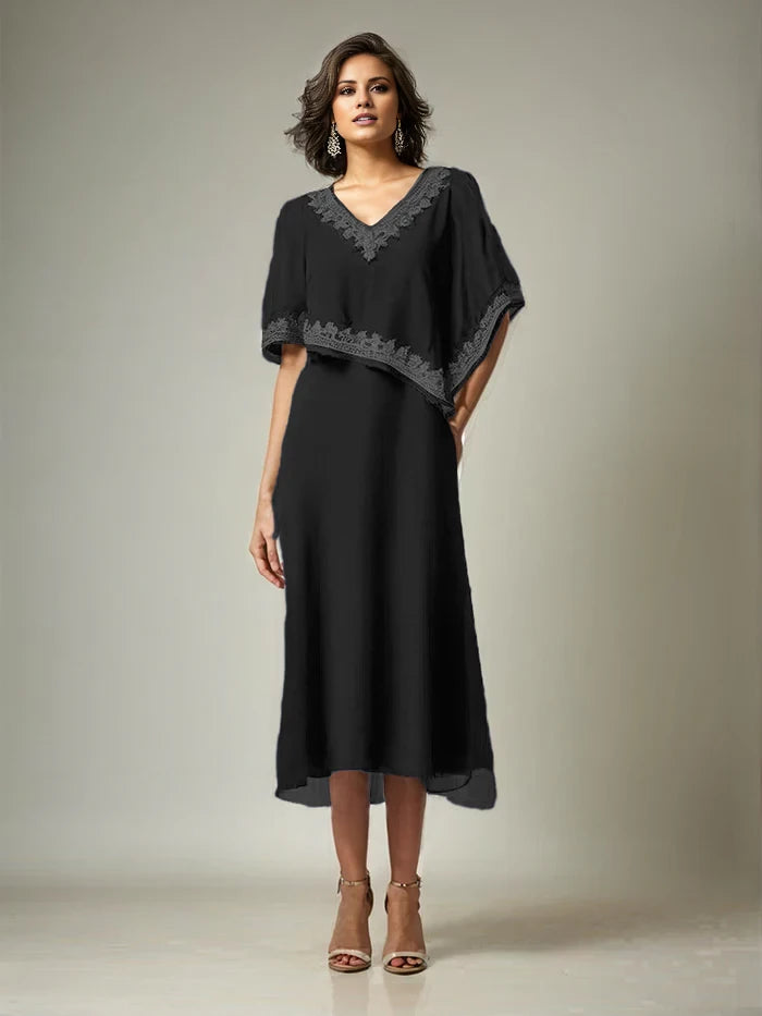 Half Sleeves V-neck Length Embellished Cape Chiffon Mother of the Bride Dresses
