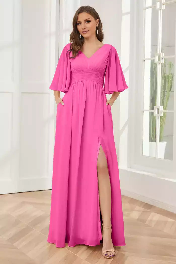 Half Sleeves V-neck Split Fork Chiffon Bridesmaid Dresses