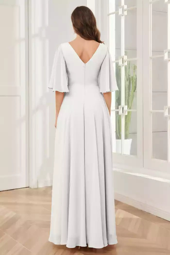Half Sleeves V-neck Split Fork Chiffon Bridesmaid Dresses