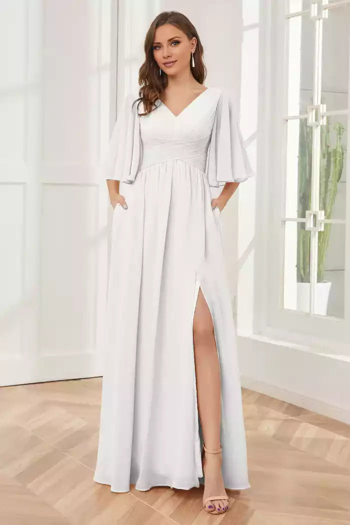 Half Sleeves V-neck Split Fork Chiffon Bridesmaid Dresses