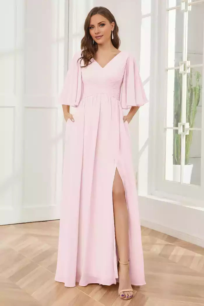 Half Sleeves V-neck Split Fork Chiffon Bridesmaid Dresses