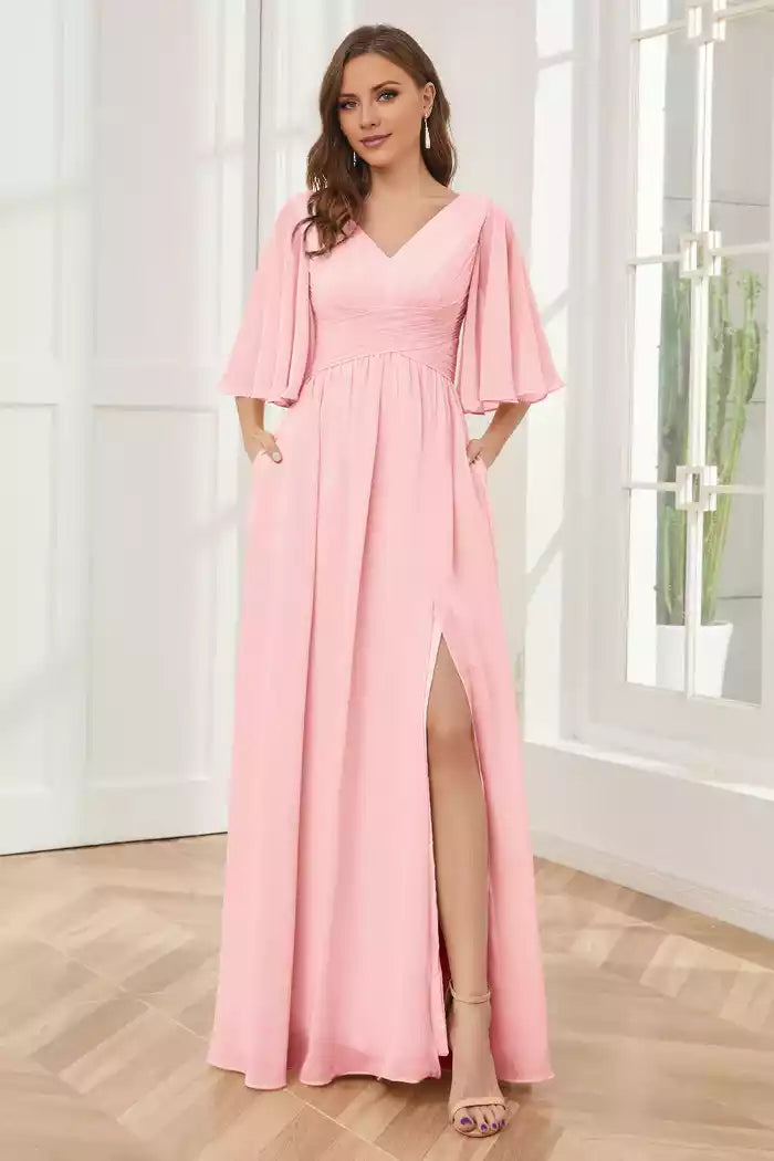 Half Sleeves V-neck Split Fork Chiffon Bridesmaid Dresses