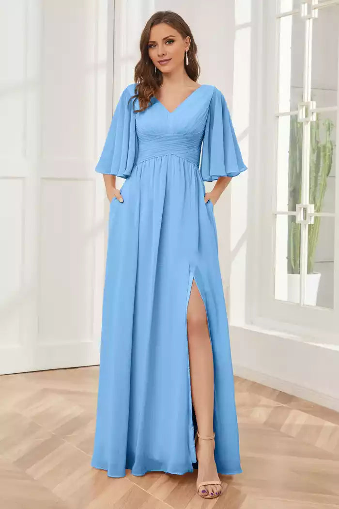 Half Sleeves V-neck Split Fork Chiffon Bridesmaid Dresses