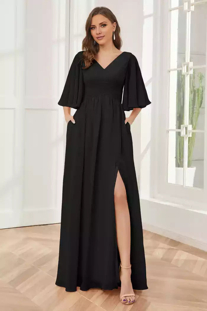 Half Sleeves V-neck Split Fork Chiffon Bridesmaid Dresses