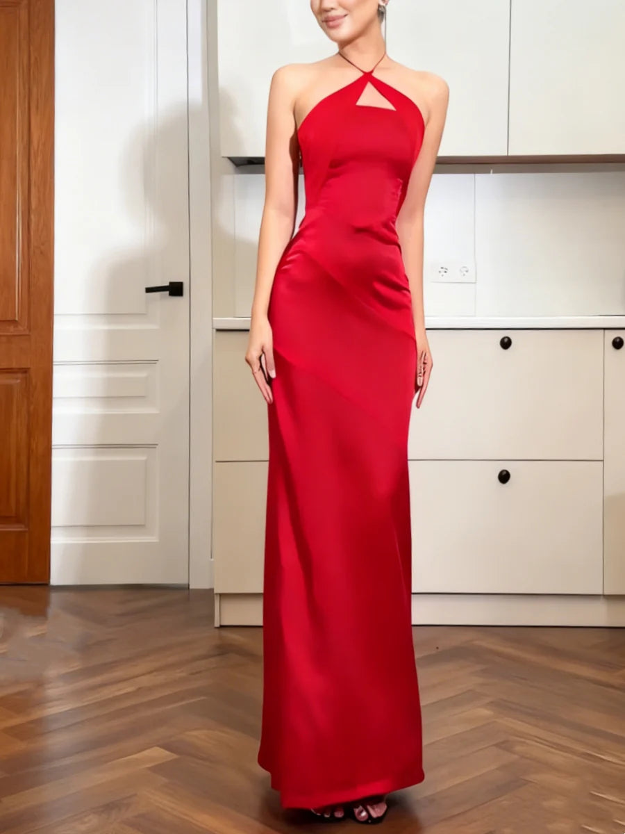 Halter-Neck Satin Evening Dress with Cutout Bodice & Floor-Length Sheath Silhouette