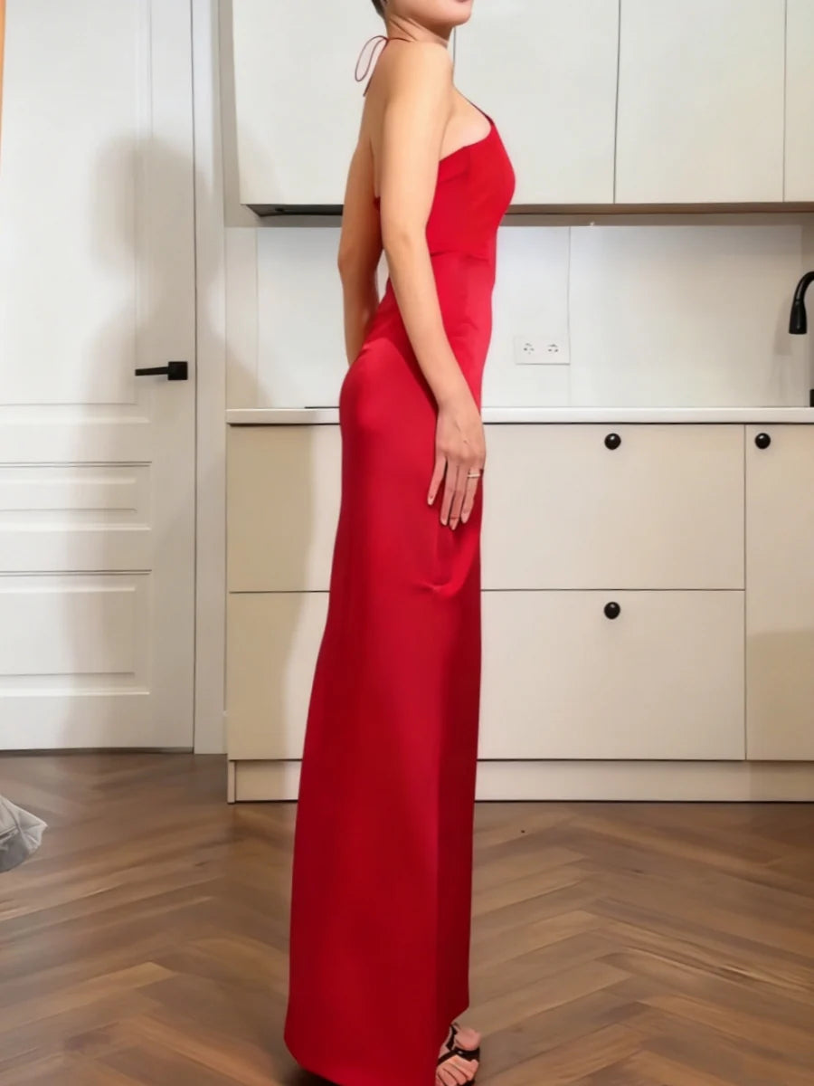 Halter-Neck Satin Evening Dress with Cutout Bodice & Floor-Length Sheath Silhouette