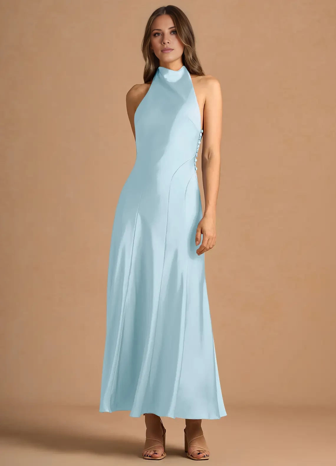 Halter Backless Satin Maxi Dress Evening Dresses