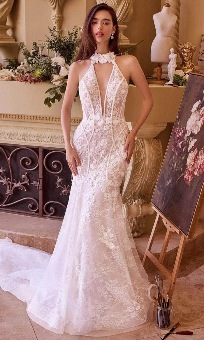 Halter Lace Bridal Gown Wedding Dress With Attached Train