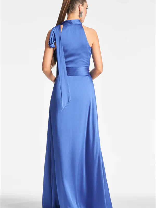 Halter Neck Satin Evening Dresses with Bow Detail, Wide Satin Belt and Flowy A-Line Skirt Formal Gown