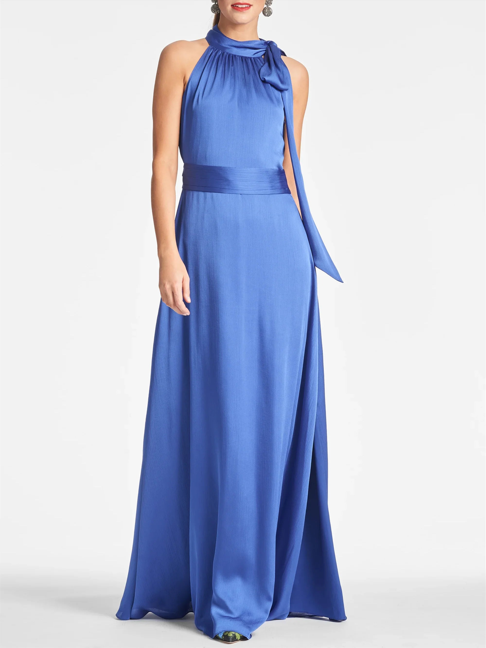 Halter Neck Satin Evening Dresses with Bow Detail, Wide Satin Belt and Flowy A-Line Skirt Formal Gown
