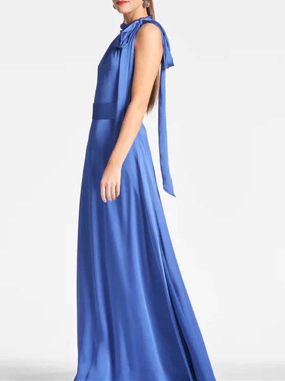 Halter Neck Satin Evening Dresses with Bow Detail, Wide Satin Belt and Flowy A-Line Skirt Formal Gown