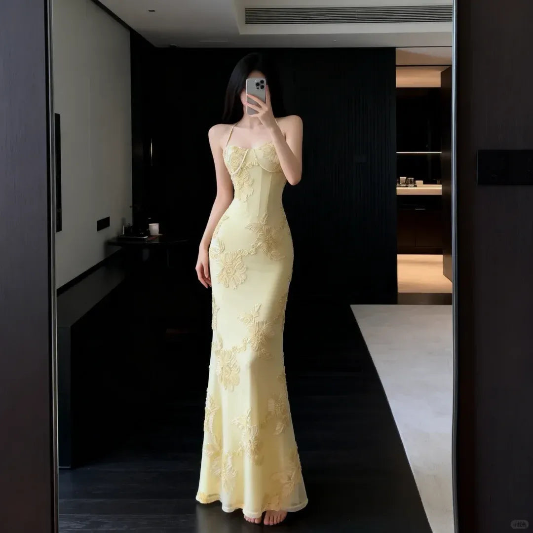 Halter Neck Sheer Mesh Evening Dress with Bodycon Silhouette