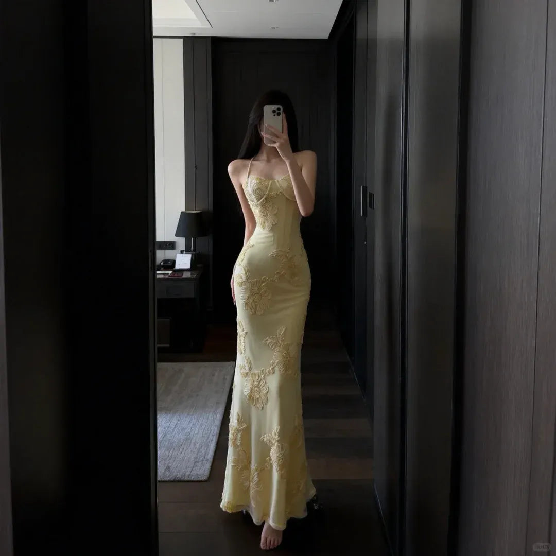Halter Neck Sheer Mesh Evening Dress with Bodycon Silhouette