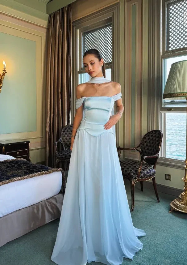 Halter Off-the-Shoulder Satin Chiffon Maxi Dress – Wedding Bridesmaid Evening Gown