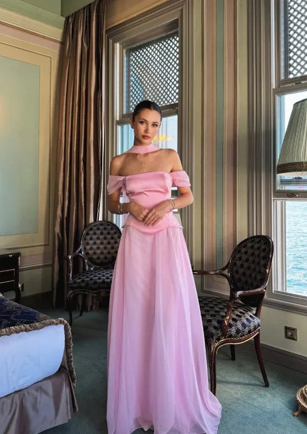 Halter Off-the-Shoulder Satin Chiffon Maxi Dress – Wedding Bridesmaid Evening Gown